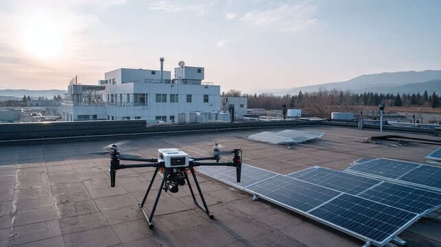 A hightech drone equipped with advanced sensors and cameras performing an inspection of solar panels installed on a flat commercial building rooftop at sunset