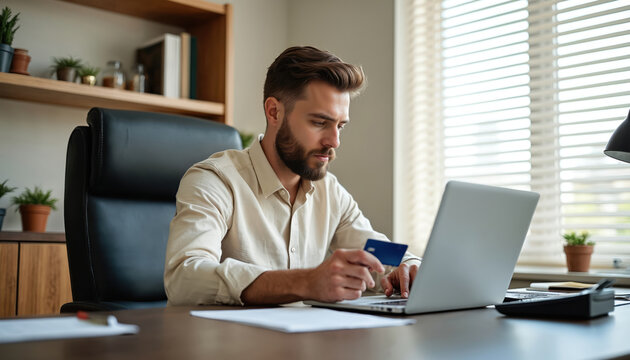 Bearded man pays online using credit card and laptop at desk. Person works in office with computer and card. Manager completes purchase or transaction.