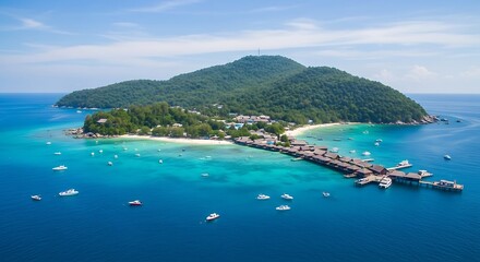 Obraz premium Aerial view of tropical island surrounded by turquoise water and boats