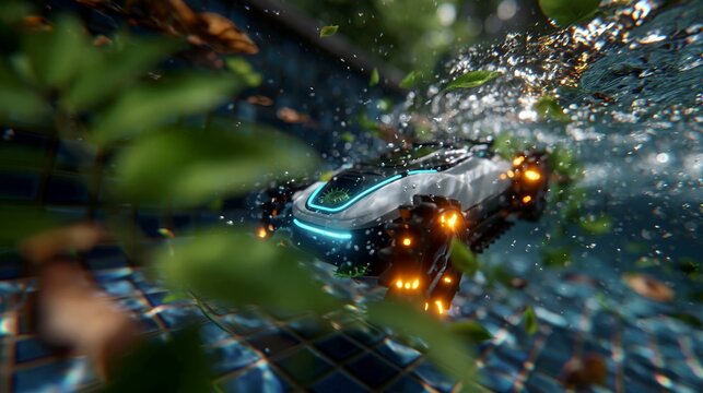 Smart pool cleaner on tiled wall underwater with shimmering sun reflections