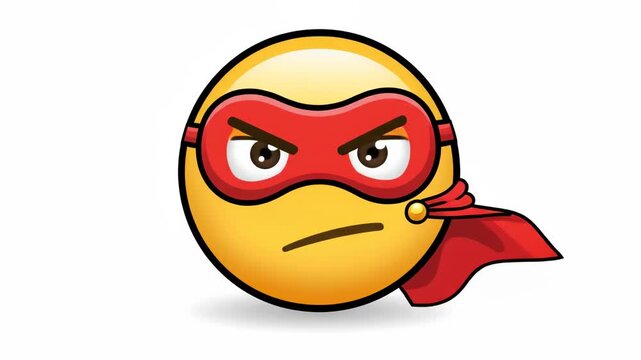 Animated superhero emoji with red mask and cape on white background.