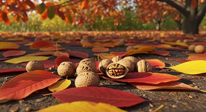 Autumn scene of walnuts and colorful fallen leaves in natural setting