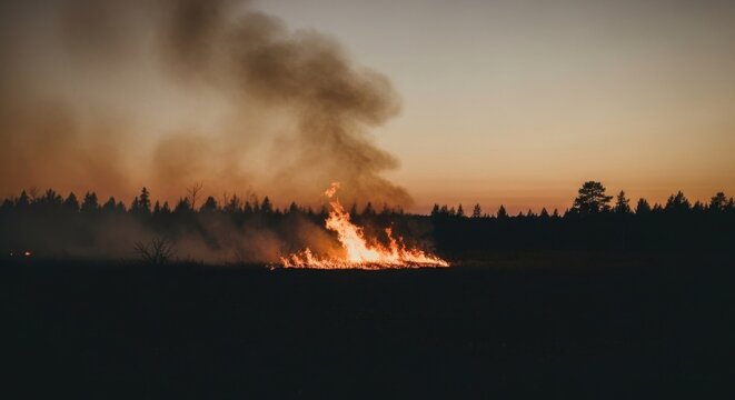 Wildfire Rages Across a Field at Sunset Creating a Dramatic Scene.