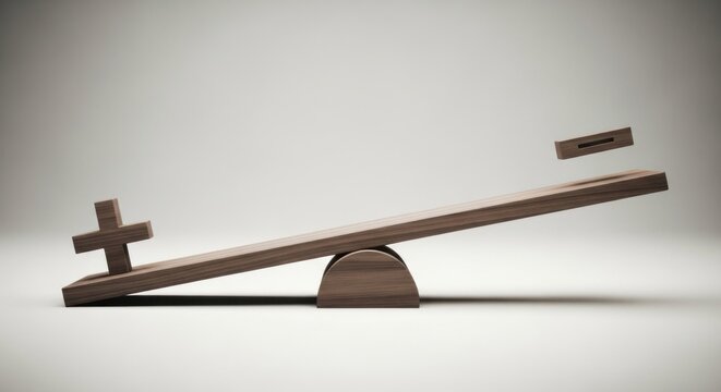 Wooden seesaw with plus and minus signs illustrating balance.