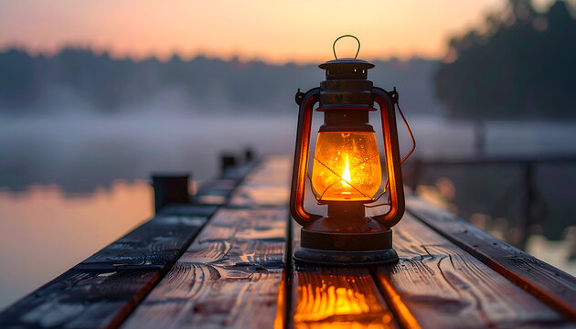 A vintage lantern casts a warm glow on a weathered wooden dock at sunset, creating a serene and nostalgic atmosphere.