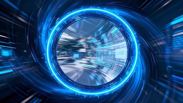 Blue glowing tunnel ring with holographic data screens and motion