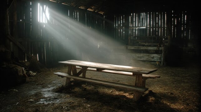 Sunlit Heavy Oak Trestle Table Set with Sturdy Construction Inside an Old Barn, bathed in Golden Rays