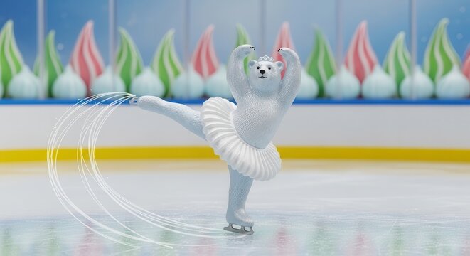Cartoon polar bear ice skating on frozen rink with colorful background