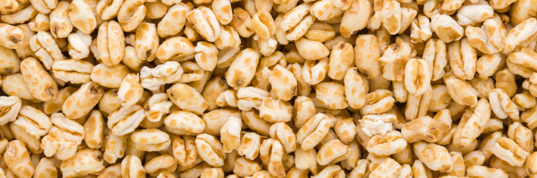 Yellow dry puffed wheat flakes background. Closeup. Wide banner. Top down view.