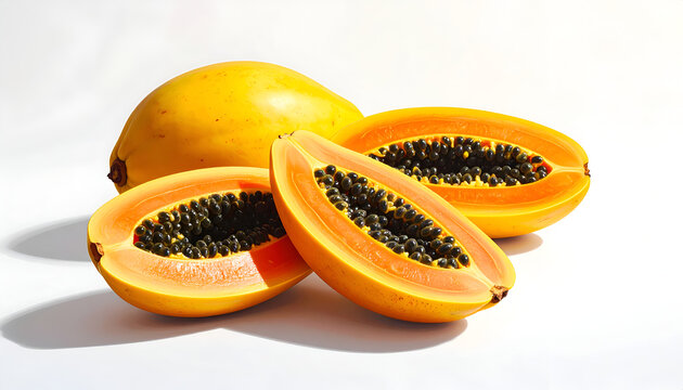 A vibrant still life showcases a whole papaya alongside two halved papayas, revealing their orange flesh and numerous black seeds against a clean white background.