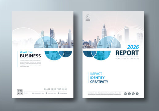 Blue annual report brochure template design, corporate flyer and business presentation layout in A4 size.	