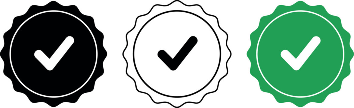 Three checkmark seals black white and green variations for quality assurance