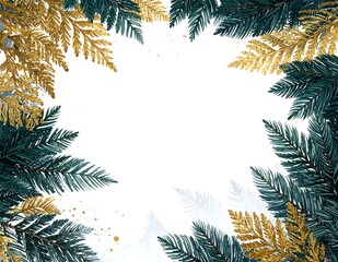 Naklejka premium Christmas Frame Watercolor Style With Green Pine Branches And Gold Glitter Fern Leaves Isolated On White Background Festive Border