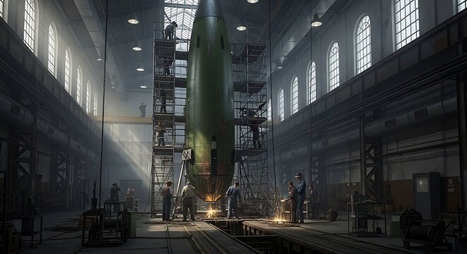 Aircraft maintenance in large hangar with industrial scaffolding and lighting