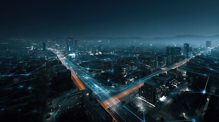 Fototapeta premium Aerial view of a futuristic smart city at night with glowing digital network connections and light trails from traffic on highways, representing connectivity and technology