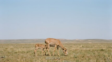Naklejka premium A mother antelope grazes with her baby in a vast savannah landscape.