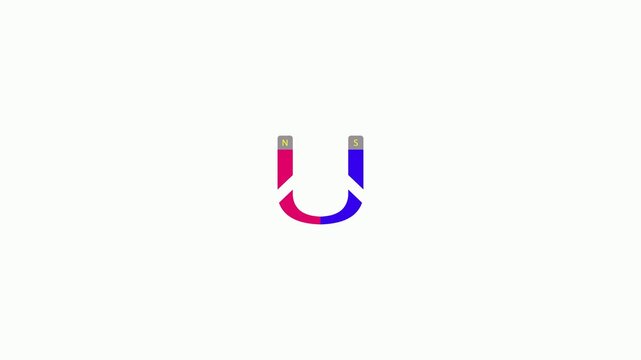 Magnet icon. Animation of magnetic attraction with the letters N and S. Black and white screen background.