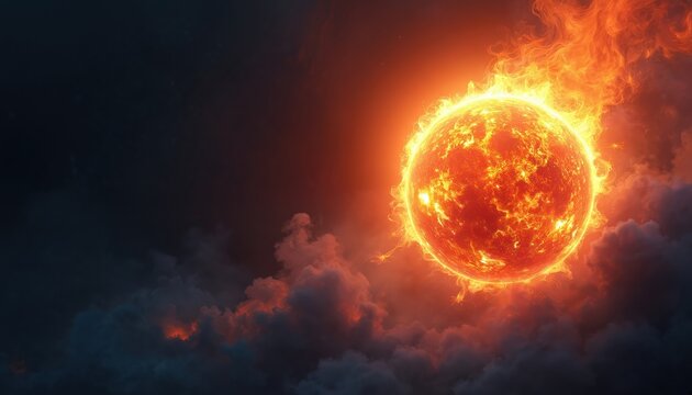 Bright sun orb burns with hot fire and orange flames against dark clouds. Celestial body shines in space with hot solar flares. Cosmic heat glows in night sky.