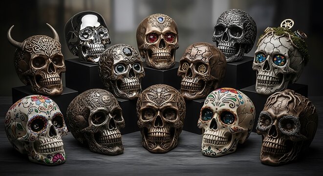 Artistic collection of decorated skulls showcasing intricate designs and textures