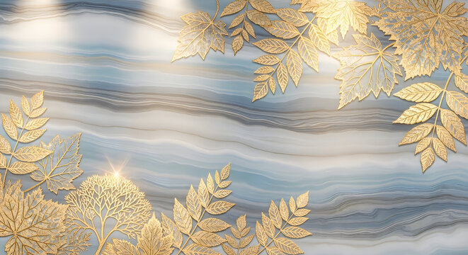 A pixelated image of a stream with leaves,"Modern Marble Surface with Golden Leaves and Veins"