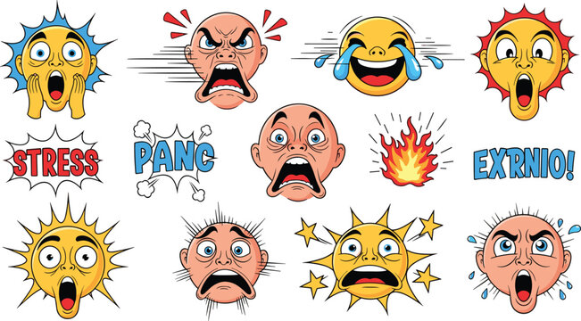 Comic Style Emotion Faces Vector Set with Shock, Stress, Panic, Crying, Angry Expressions, Explosive Effects, and Cartoon Reaction Elements for Pop Art Design