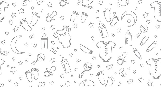 Baby themed seamless pattern of baby clothes and accessories on white background