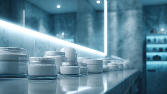 Modern minimalist vanity mirror with integrated LED lighting illuminating rows of skincare cosmetics jars and containers