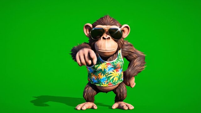 Happy animated monkey with sunglasses on green screen background