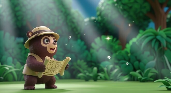 Cute animated monkey holding treasure map in lush jungle with magical sparkles and sunlight
