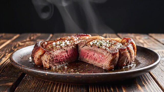 Succulent medium-rare steak sizzling on a rustic black plate showcasing tender and juicy texture with steam rising