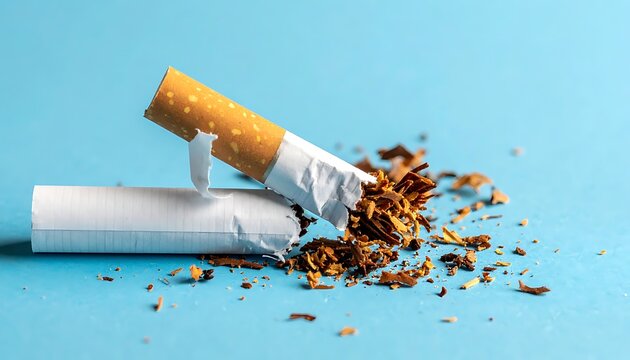 A broken cigarette on a pack with tobacco spilling out on blue