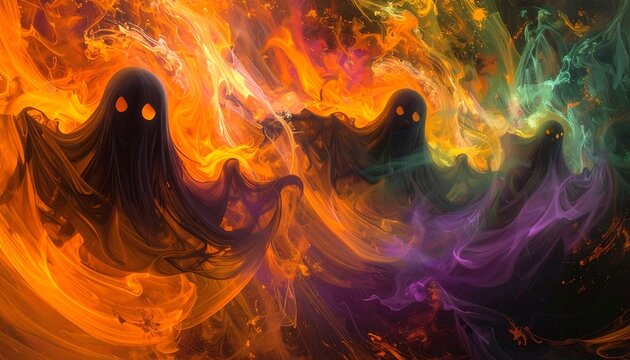 Two ghostly figures emerge amidst swirling vibrant flames and colors.
