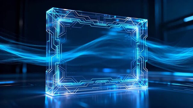 Glowing blue cube frame with circuit lines on dark background