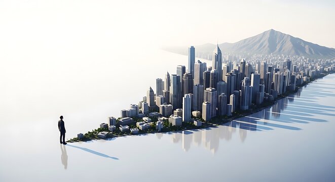 Businessman looking at a futuristic city skyline emerging from water absurd compositions fantasy realism. 8K businessman architecture absurd compositions, fantasy realism. 8K