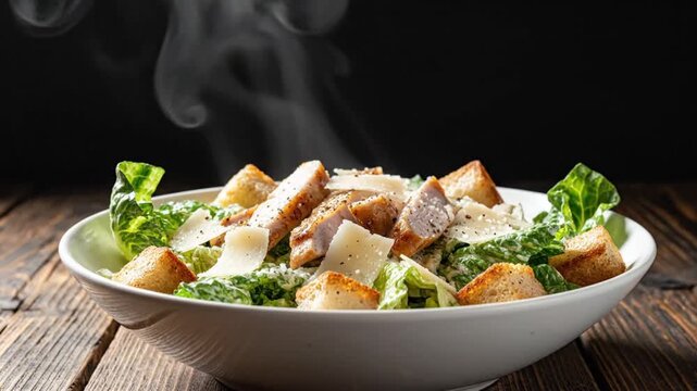 Fresh Caesar Salad with Crispy Croutons and Fresh Lettuce Presenting a Classic Healthy Dish in a White Bowl on Wooden Surface
