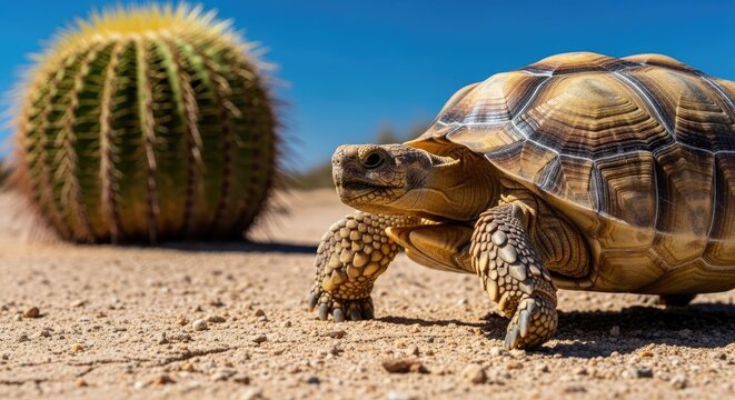 Desert tortoise and cactus on sand under blue sky environment