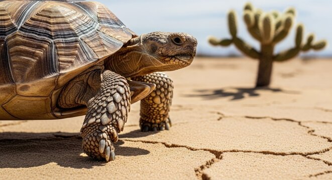 Desert tortoise in arid landscape with cactus and cracked earth background