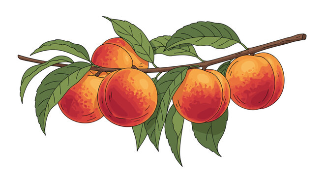 Beautiful branch of a peach tree full of ripe juicy peaches and vibrant green leaves against a clean white background.