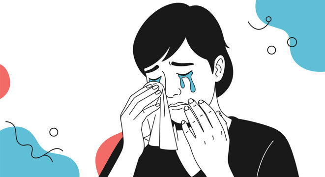 Detailed black and white illustration of a person crying and wiping tears with a tissue showing deep sadness and grief.