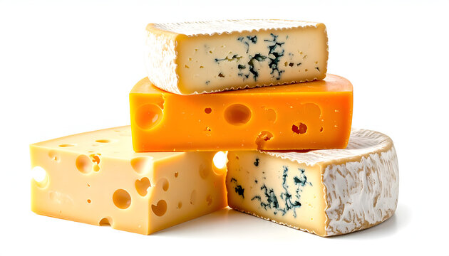 A colorful assortment of various cheeses is artfully stacked against a clean white background.