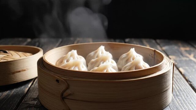Fresh steamed dumplings in traditional bamboo steamer with aromatic steam rising creating a cozy culinary scene