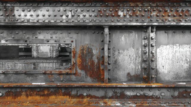 Close-up of an industrial steel structure with visible rust and rivets, showcasing weathered metallic texture.