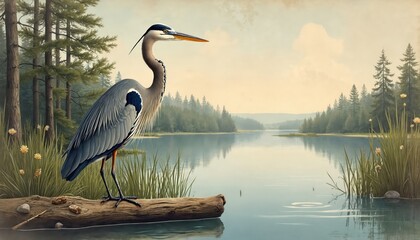 Obraz premium Great blue heron bird stands on log by calm lake water. Tall green pine trees line distant shore under soft cloudy sky. Nature scene with wild bird.