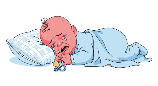 Sad baby in a blue onesie lying on a white checkered pillow and crying loudly with visible tears and a pacifier nearby.