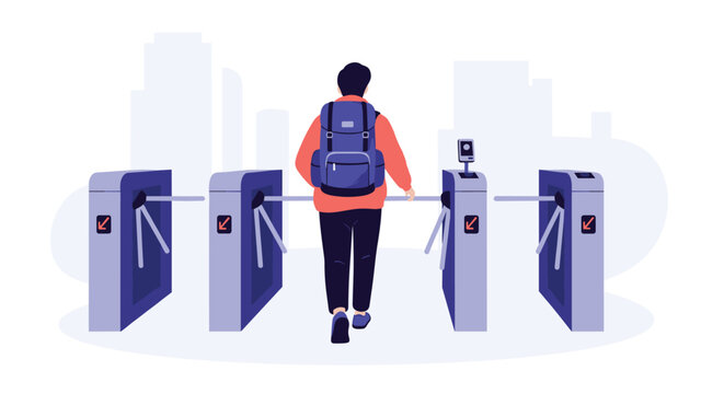 Traveler with a large blue backpack walking through an automated ticket turnstile gate at a transportation hub or urban building.