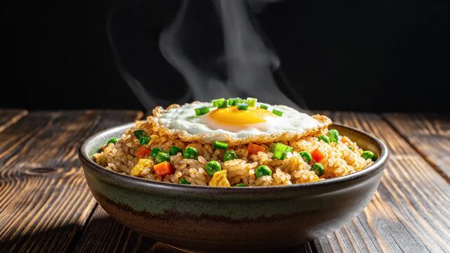 Steaming bowl of flavorful breakfast fried rice topped with a sunny side up egg and fresh herbs on a rustic wooden surface