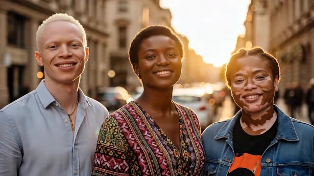 Diverse group of friends with albinism and vitiligo walking together in city at sunset, inclusive lifestyle portrait, multicultural diversity and real people connection concept