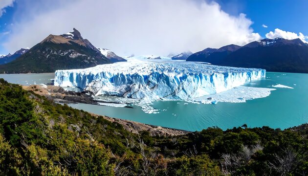 Perito Moreno Glacier Panoramic Landscape With Blue Ice Wall And Turquoise Water Surrounded Mountains In Patagonia Argentina