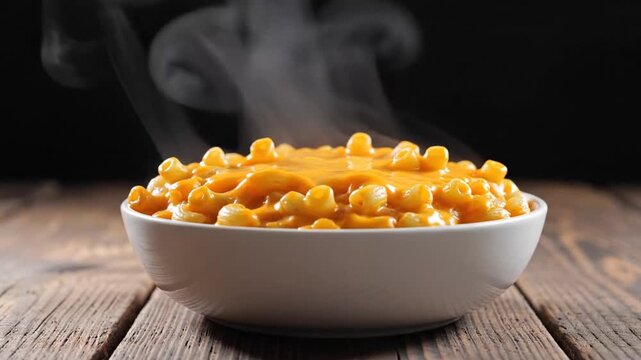 Steaming hot bowl of melted cheese mac and cheese served on rustic wooden table