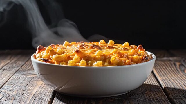 Steaming hot cheesy baked macaroni in a white bowl on rustic wooden table